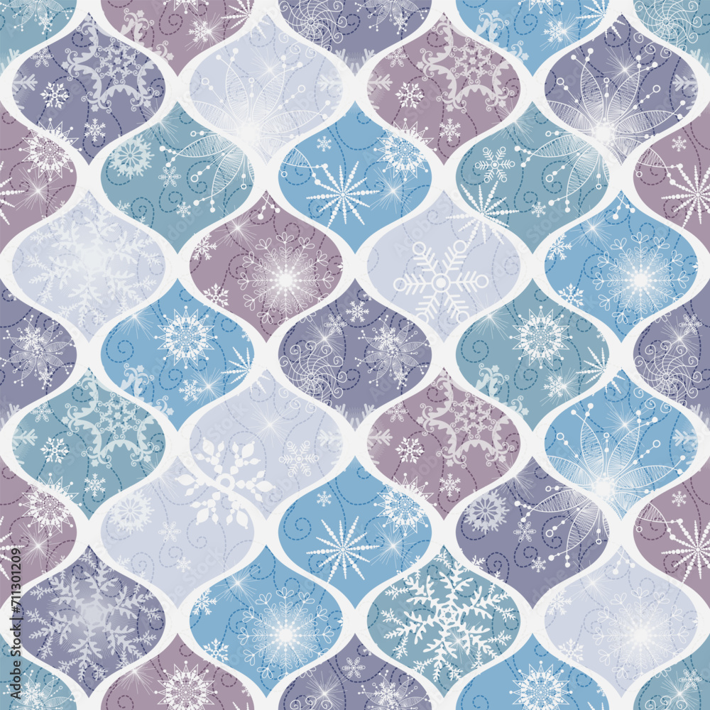 Seamless christmas geometric pattern of shapes with winter pattern with doodle snowflakes in retro colors. Vector image