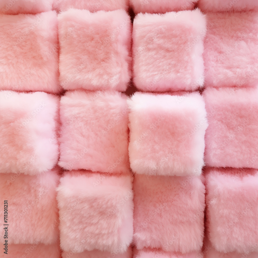 Soft fur cubes background, close up. Top view, flat lay