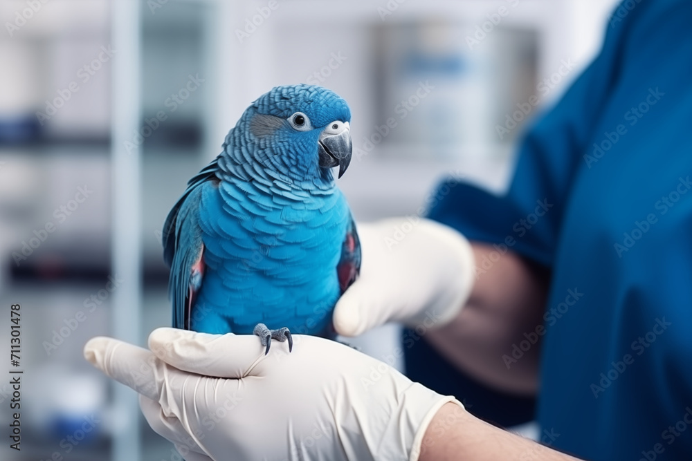 Veterinarian Holding a Blue Parrot. Veterinary Examining. Cropped Image