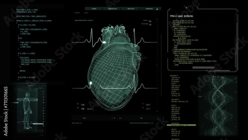 Health Monitoring Medical Software Interface For Doctors and Clinics. Dark Screen Replacement with Heart Activity Monitoring 3D Model. User Interface for Vital Organ Visualisation photo