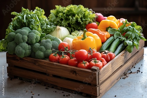 A wooden box with fresh vegetables on the table. Generative AI.