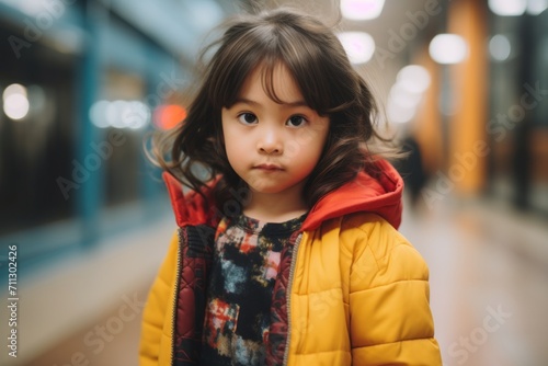 Portrait of a cute little girl in a yellow coat in the city