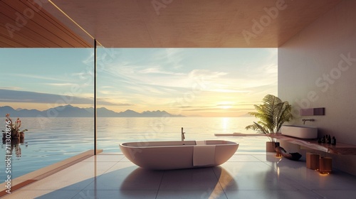 Infinity pool bathroom  water seamlessly merging with the horizon  creating an illusion of endless space