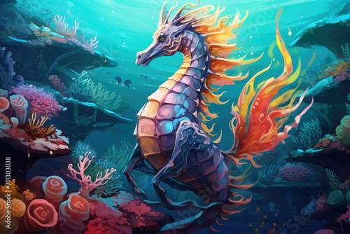  Illustration of a colorful sea dragon, gracefully floating among coral reefs © Hanna Haradzetska