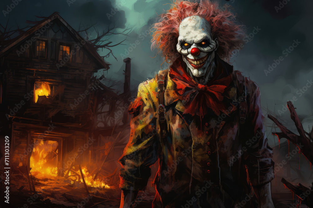 Horrific clown with a twisted expression, standing in the middle of a decrepit, haunted house
