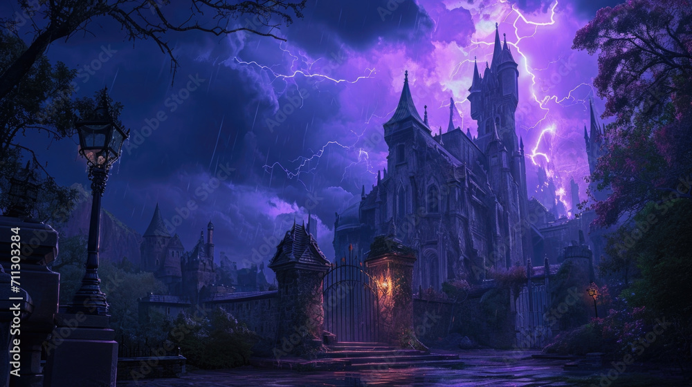 Thunder crashed and lightning struck, illuminating the castles grand entrance with an eerie violet light, hinting at the dark secrets that lie within. Fantasy art