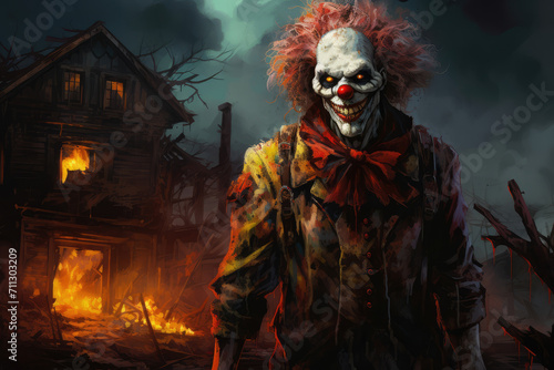 Horrific clown with a twisted expression, standing in the middle of a decrepit, haunted house