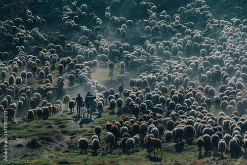 Sheep herders and their flocks go to pasture in the dust. photo