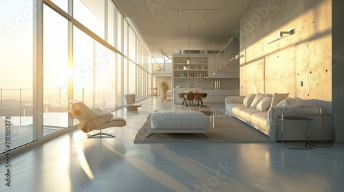 Sunlight streams through floor-to-ceiling windows, illuminating a minimalist living room with sleek geometric furniture and textured accent walls © Safdar