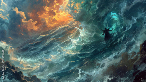 The ground shook as the mage summoned a colossal wave of water to counter his adversarys earthbased attacks, creating a battleground of fierce and opposing forces. Fantasy art photo