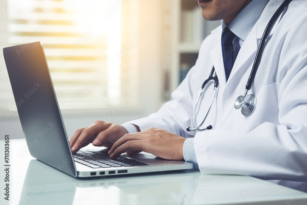 Doctor at laptop. Consultation by video call. Physician wearing uniform, stethoscope taking notes in medical journal, filling documents, patient illness history, looking at device screen Doctor at laptop. Consultation by video call. Physician wearing uniform, stethoscope taking notes in medical journal, filling documents, patient illness history, looking at device screen