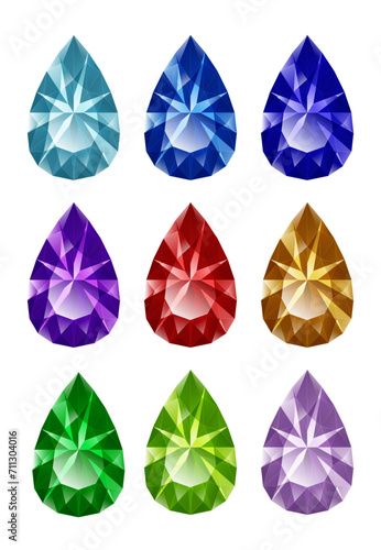 Set of isolated colorful teardrop shaped gemstones