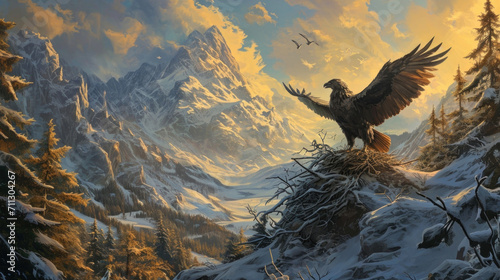 As the seasons change, the mountain transforms into a winter wonderland, but the hippogriffs remain undisturbed in their warm and cozy nest, thriving in the extreme conditions. Fantasy art photo