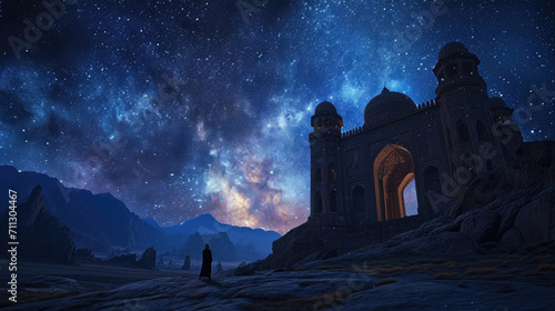 A lone figure stands at the entrance of the monastery, silhouetted against the darkening sky as the stars begin to appear, their light reflecting off the polished stone surfaces. Fantasy art photo