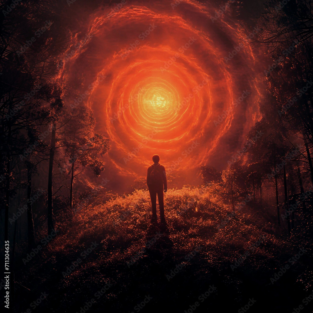 Fototapeta premium A Young Boy Standing Before a Hellish Red and Black Interdimensional Portal