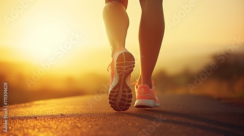 portrait of runner's footsteps running, sports training. Runner's feet running on the road closeup with shoes. Fitness, sport, lifestyle concept Young runner athlete running on the road