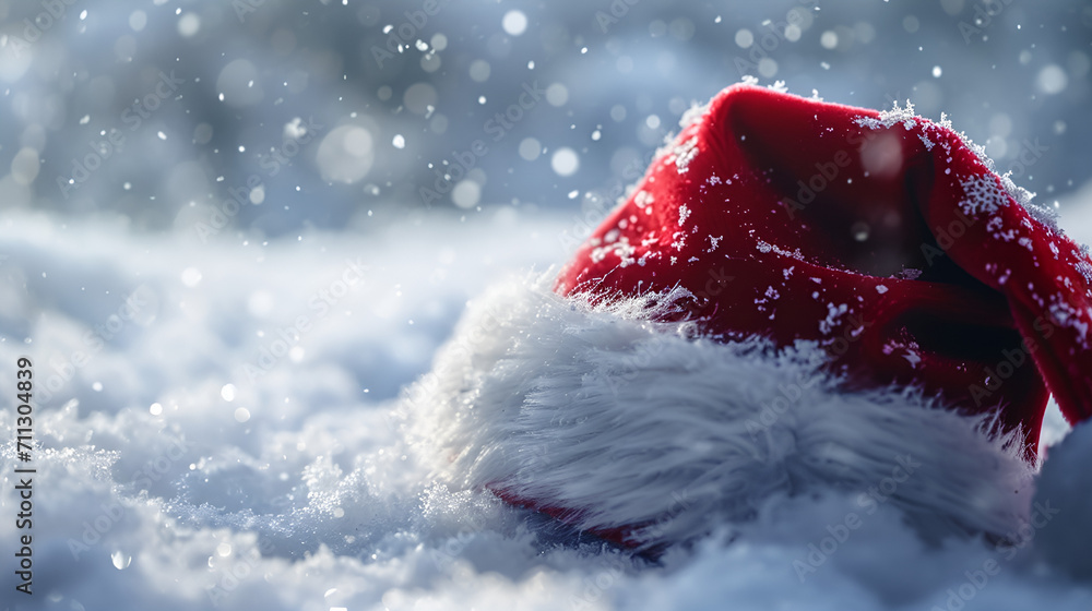 Close up of a red Santa Hat in front of a snowy Winter Background. AI generative. Close up of a red Santa Hat in front of a snowy Winter Background. AI generative.