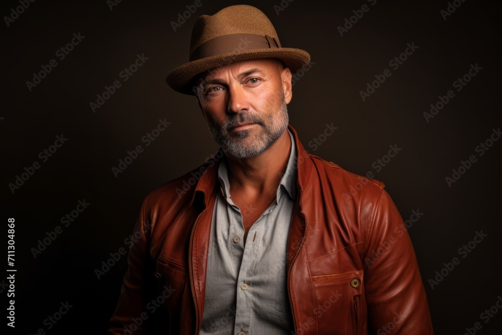 Handsome middle age man wearing a hat and leather jacket on a dark background. Handsome middle age man wearing a hat and leather jacket on a dark background.