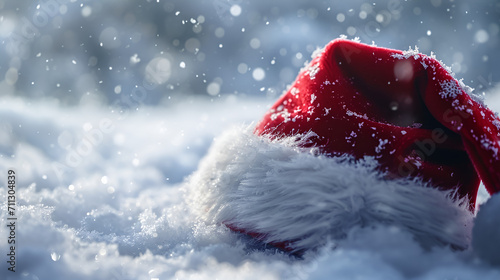 Close up of a red Santa Hat in front of a snowy Winter Background. AI generative.