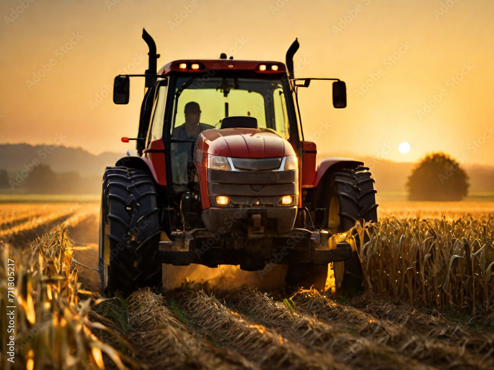 Fototapeta premium Golden Sunrise in the Cornfield Farmer Navigating Tractor Through Ethereal Light