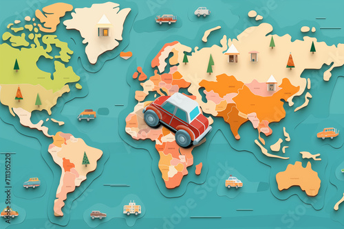 World map with a toy car  car rental worldwide business  travel on wheels