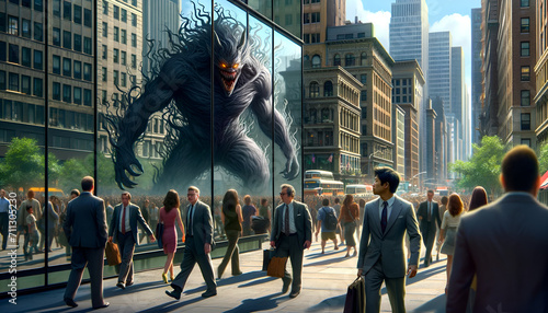 A crowded city street scene bustling with activity. Among the people, a shape-shifter walks, appearing as an ordinary Caucasian man in a grey suit to a monster.