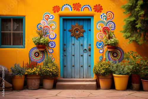 Photo of a vibrant, hand-painted door in Santa Fe, New Mexico, set in an adobe wall