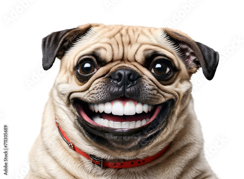 A smiling, cute pug dog with human teeth isolated on a transparent background. PNG image.