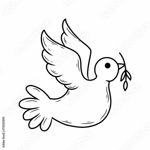 Peace dove with twig in its beak. Vector doodle illustration.