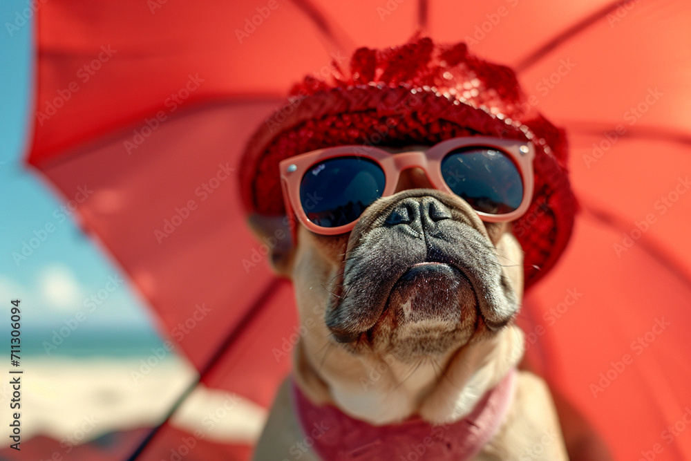 french bulldog wearing sunglasses on the beach under beach umbrella