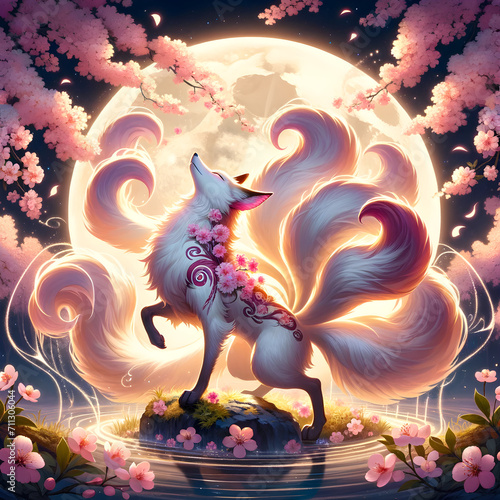 Illustration of a Kitsune, a legendary creature with nine lush tails, caught in a moment of magical transformation beneath the radiant full moon.