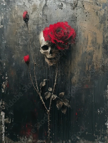 A broken heart adorned with skulls and blossoming flowers in ancient insomnia paintings. Perfect for t-shirt designs, printing media, and wall art