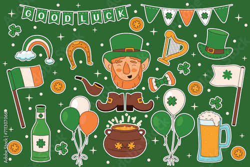 Set of Saint Patricks day celebration items. Colorful, cartoon style, isolated on a white background