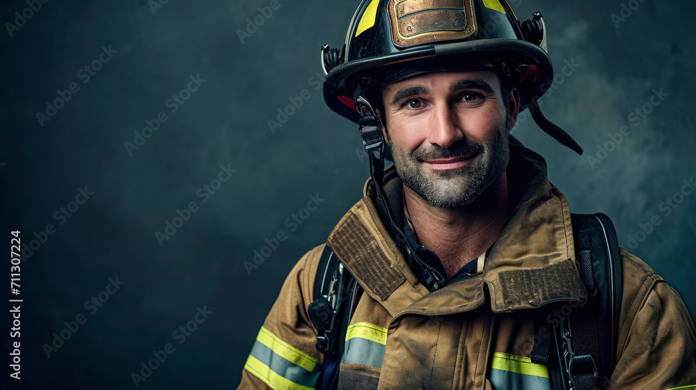 studio portrait of a smiling fire fighter in protective gear on blue background studio portrait of a smiling fire fighter in protective gear on blue background