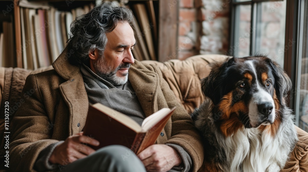 A middle-aged man sits on the sofa and reads a book. Happy. There is a real dog sitting next to him. commercial photography A middle-aged man sits on the sofa and reads a book. Happy. There is a real dog sitting next to him. commercial photography