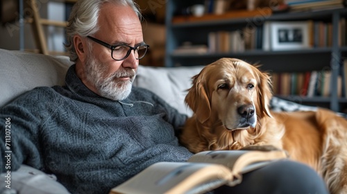 A middle-aged man sits on the sofa and reads a book. Happy. There is a real dog sitting next to him. commercial photography
