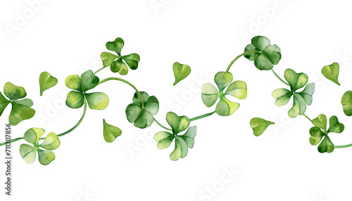 Seamless border with shamrock watercolor illustration isolated on white. Painted green four leaves. Hand drawn clover Irish symbol. Design element for St.Patricks day postcard, package, web banner photo