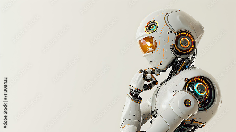 Cogitative Cyborg, Robot in Thought on White Background Cogitative Cyborg, Robot in Thought on White Background