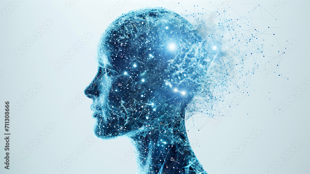 Digital Cognition, Human Head and Brain in AI and ML Realm, white background Digital Cognition, Human Head and Brain in AI and ML Realm, white background