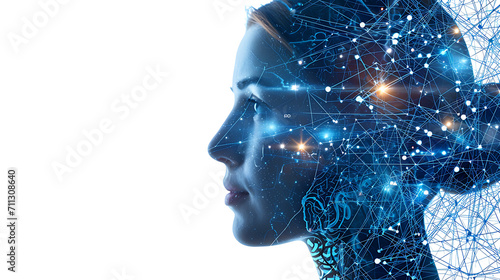 Digital Cognition, Human Head and Brain in AI and ML Realm, white background photo