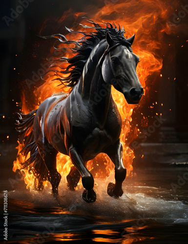 A horse with a gleaming coat stands amidst flames  which dance around it  creating a sinister contrast between the bright fire and the dark contours of the animal.