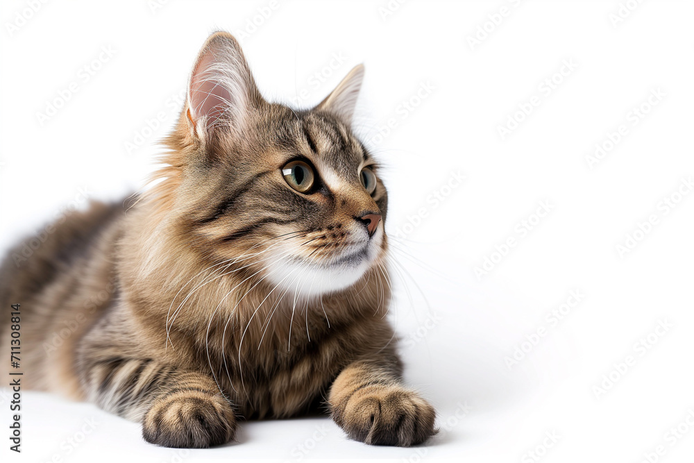 Obraz premium Beautiful, adorable, cute Maine Coon breed cat lying on the floor looking curiously away on a white background.
