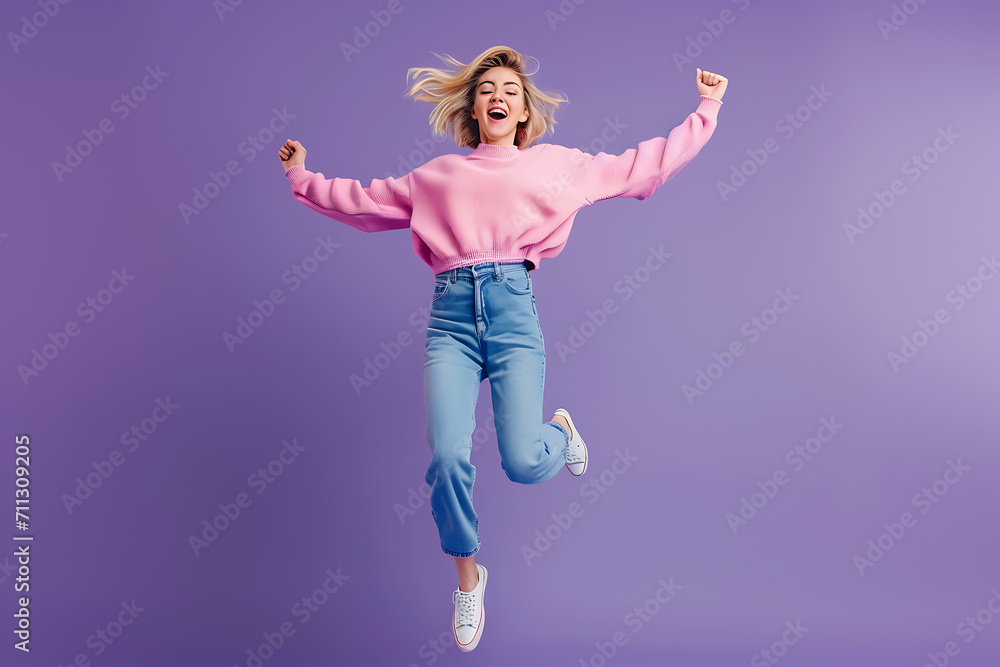 Joyful Jump, Pretty Gen Z Girl Celebrates in Jeans and Pink Sweater Joyful Jump, Pretty Gen Z Girl Celebrates in Jeans and Pink Sweater