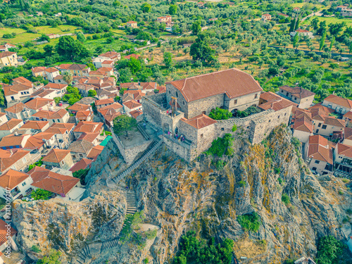 Quadro su tela The town of Petra in Lesbos and its historical city texture with its church is a