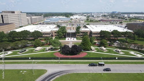 Aerial Ascending backwards shot from the Detroit Arsenal, built tanks and armored vehicles in Warren Michigan, USA photo