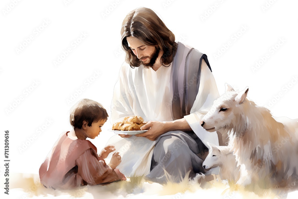 Jesus Christ with baby Jesus and lamb isolated on white background, illustration - obrazy, fototapety, plakaty 