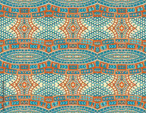 Vector seamless pattern from hand drawn indigo blue, turquoise, beige and brown geometrical native ornaments