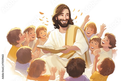 Vector illustration of Jesus Christ with children around him. Happy Easter.
