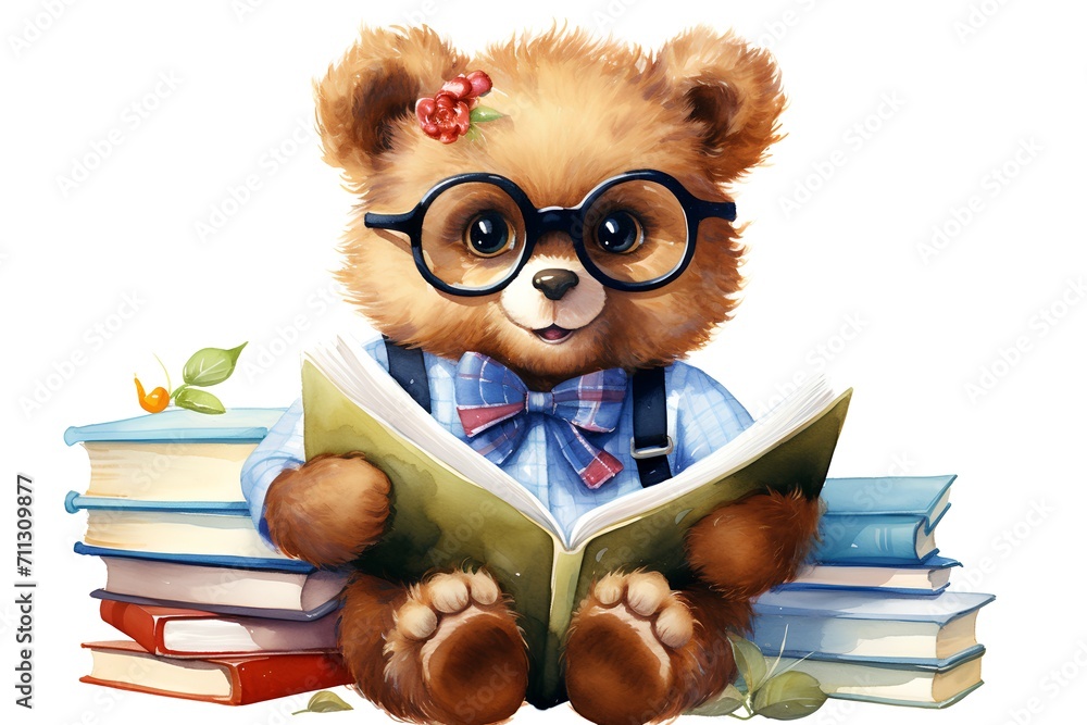 Cute teddy bear in glasses reading a book. Watercolor illustration.