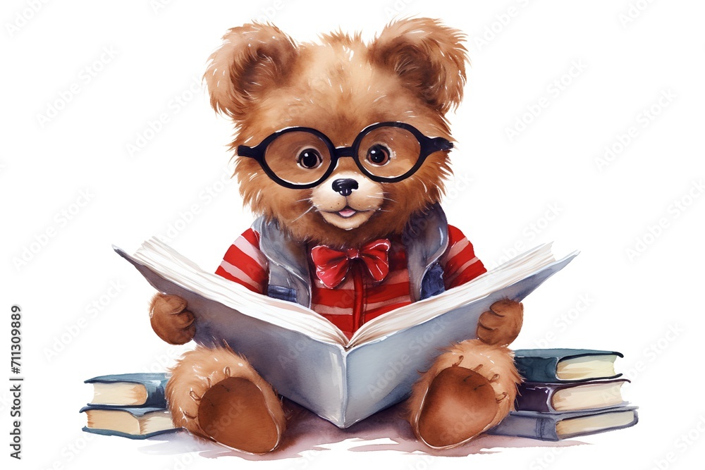 Cute teddy bear in glasses reading a book. Watercolor illustration